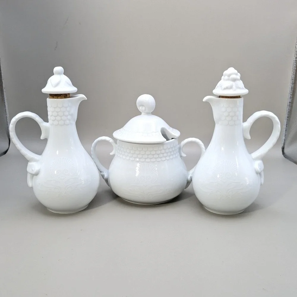 Vintage Jadeborg Germany White Porcelain Oil Vinegar Cruet Set Sugar Bowl 3 Pc